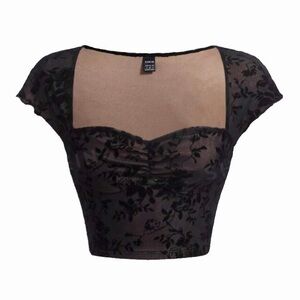 Black & Tan Mesh Floral Crop Top